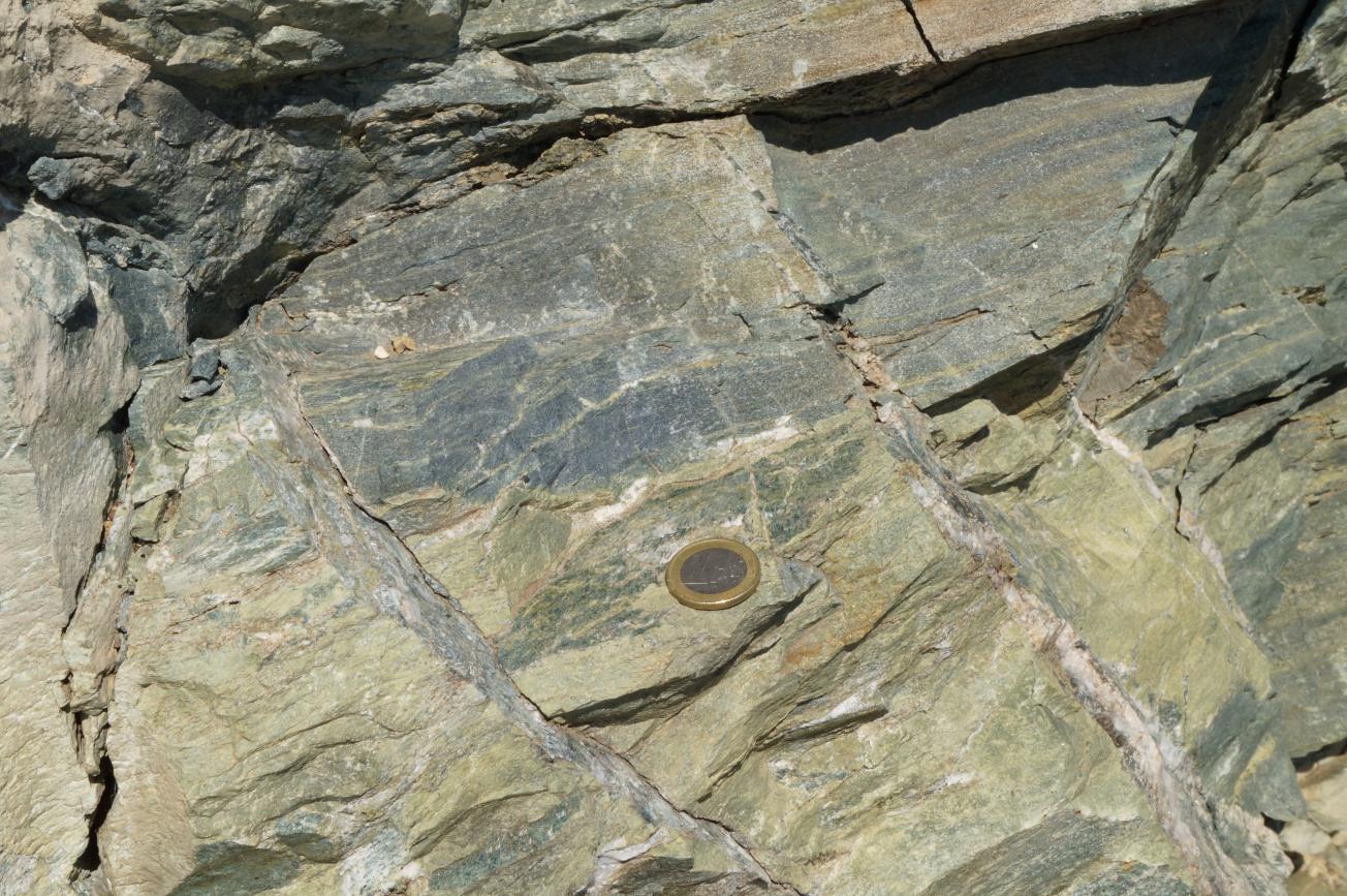 Actinolites minérales prismatiques dans des métabasaltes, Volpajola, Haute-Corse