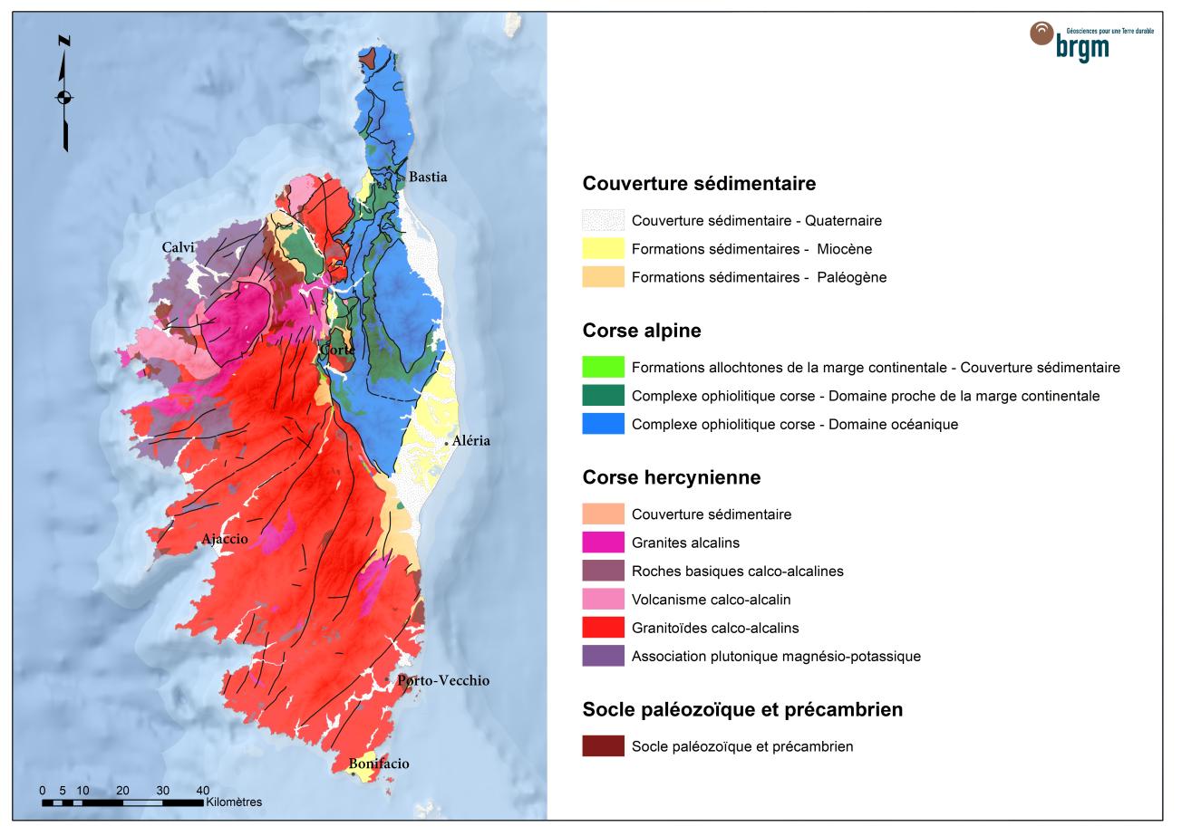 Carte géologique simplifiée
Échelle 1/ 500 000
BRGM, 2023
Carte géologique simplifiée de la Corse