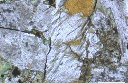Cristaux d’amphiboles brunes/vertes se délitant en fibres fines d’actinolite