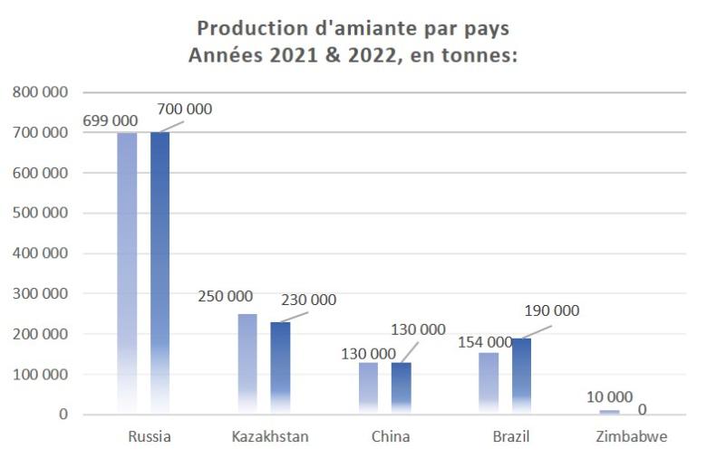 Production d'amiante dans le monde
Tonnages des années 2021 et 2022
BRGM, 2023
À partir des données de l'International Ban Asbestos Secretariat et de l'USGS
Production d'amiante dans le monde