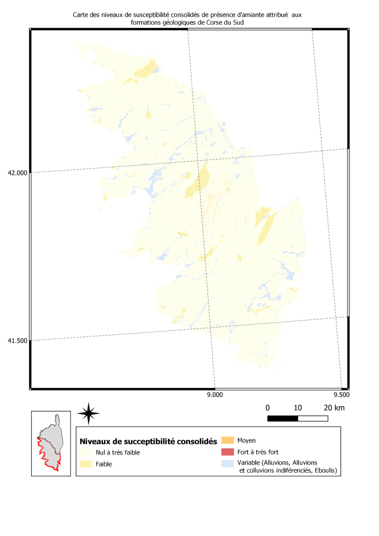 Carte de la susceptibilité de présence d’amiante dans le département de la Corse-du-Sud