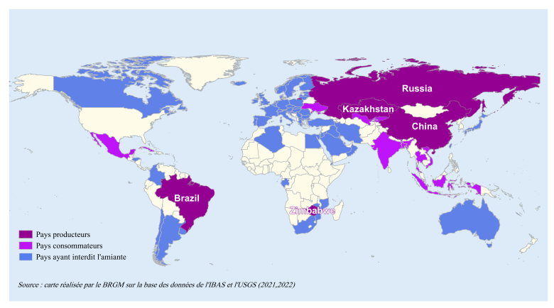 Carte des pays producteurs d'amiante
À partir des données 2021 & 2022
BRGM, 2023
Édité à partir des données de l'USGS
Carte des pays producteurs d'amiante